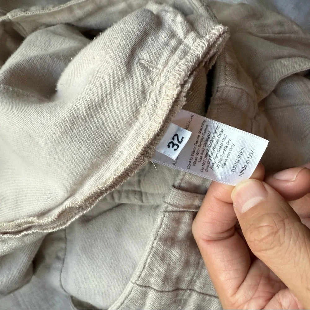 ALEXANDER YAMAGUCHI tan linen slim straight‎ leg cropped trousers pants